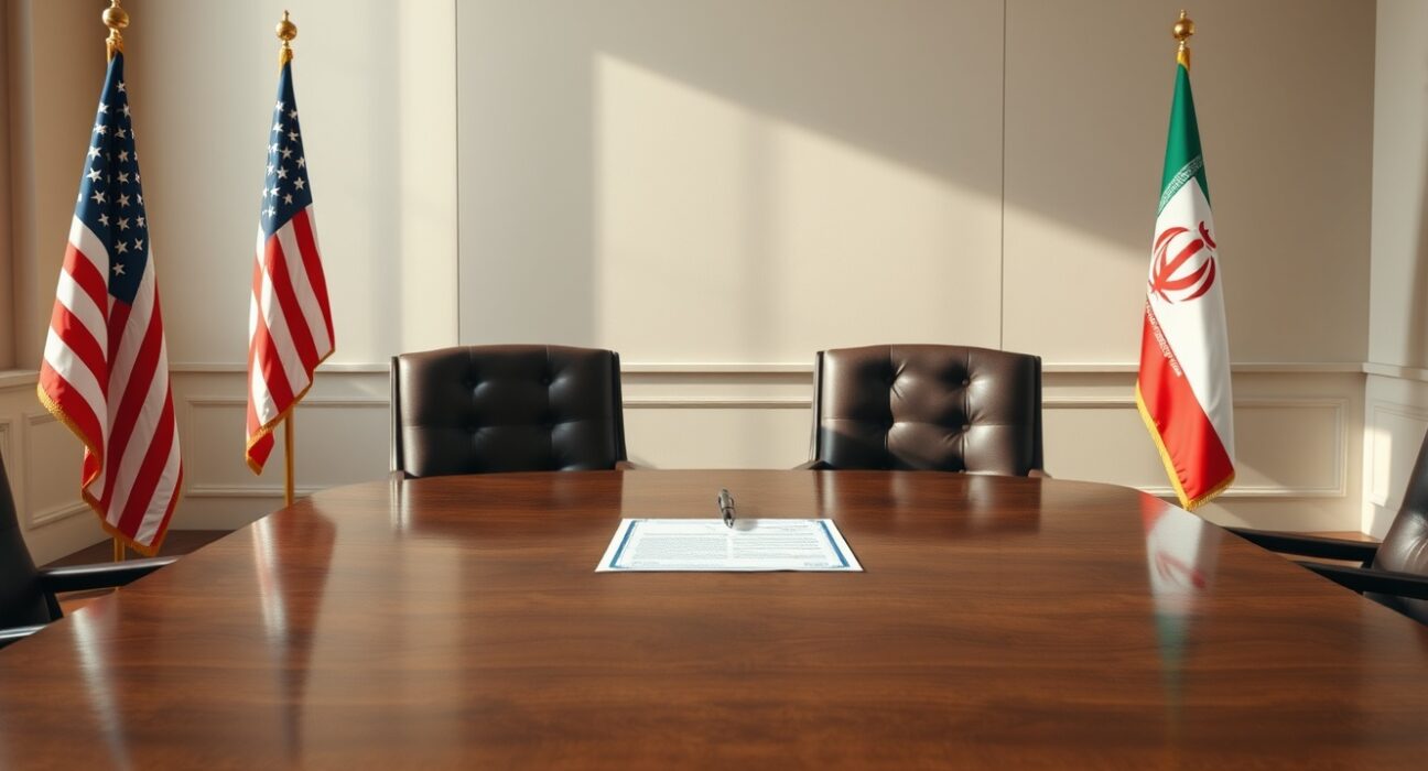 Empty chairs with US and Iranian flags in a diplomatic meeting room, symbolizing an imminent agreement signing.