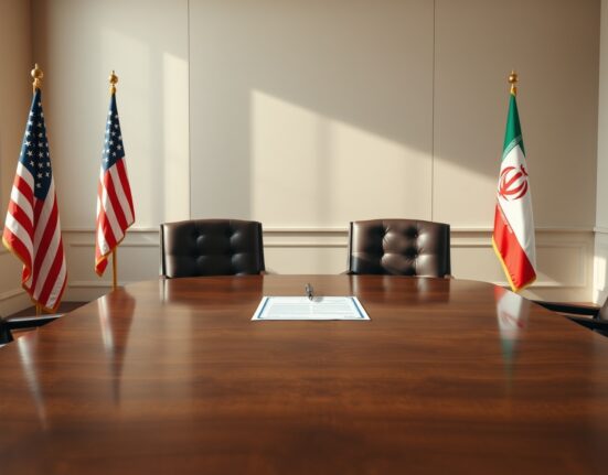 Empty chairs with US and Iranian flags in a diplomatic meeting room, symbolizing an imminent agreement signing.