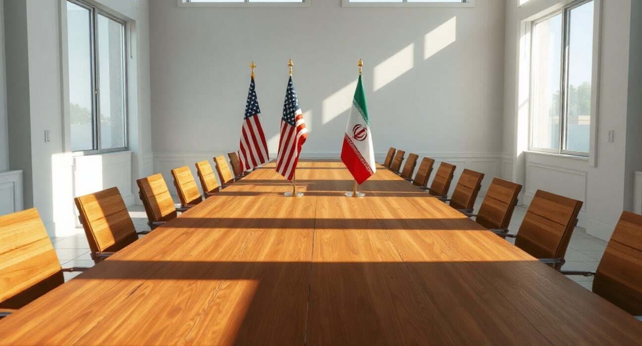 Diplomatic meeting room with American and Iranian flags after historic peace announcement