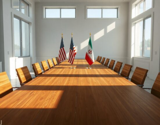 Diplomatic meeting room with American and Iranian flags after historic peace announcement