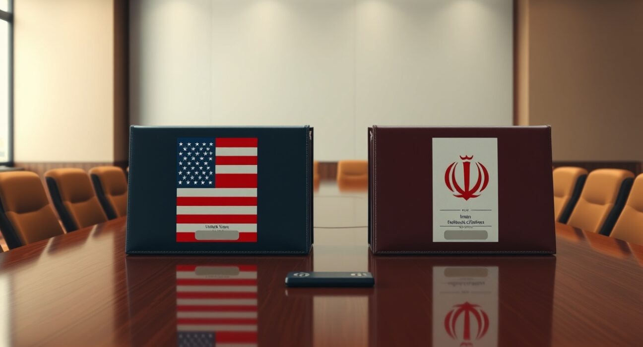 US and Iran diplomatic folders symbolizing the ceasefire agreement in principle and ongoing mediation talks.