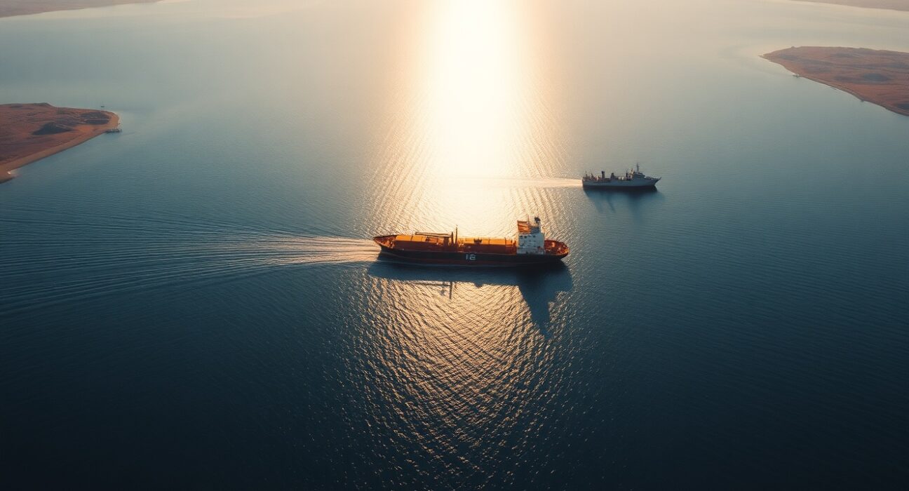 Aerial view of the Strait of Hormuz with oil tanker and naval vessel at sunrise