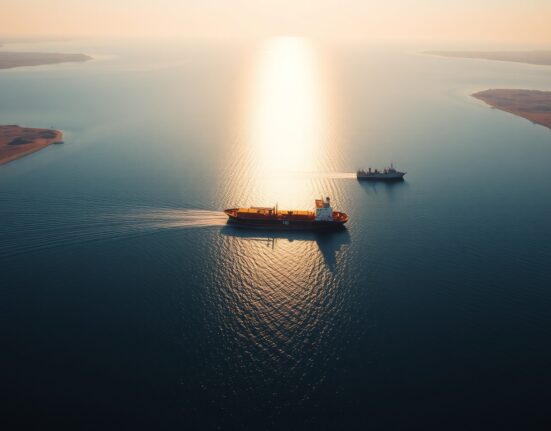 Aerial view of the Strait of Hormuz with oil tanker and naval vessel at sunrise