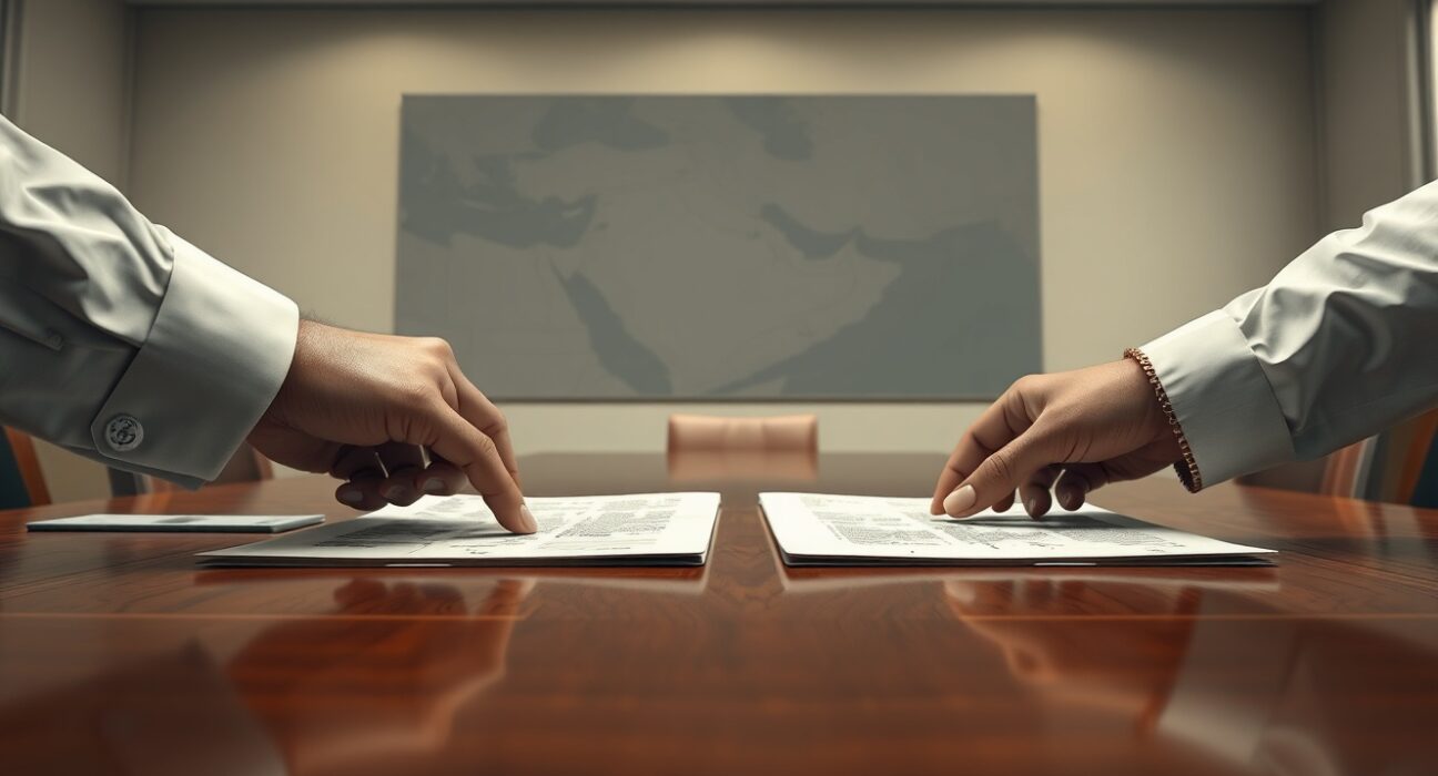 Symbolic representation of US-Iran ceasefire negotiations over nuclear program and sanctions relief.