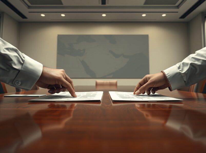 Symbolic representation of US-Iran ceasefire negotiations over nuclear program and sanctions relief.