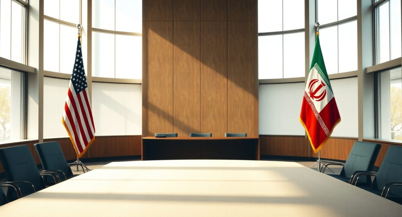 Empty diplomatic meeting room with U.S. and Iranian flags representing ceasefire negotiations