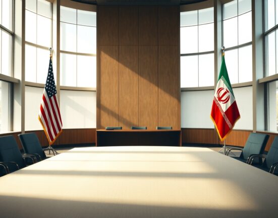 Empty diplomatic meeting room with U.S. and Iranian flags representing ceasefire negotiations