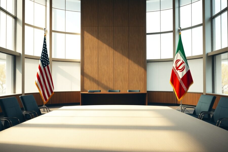 Empty diplomatic meeting room with U.S. and Iranian flags representing ceasefire negotiations