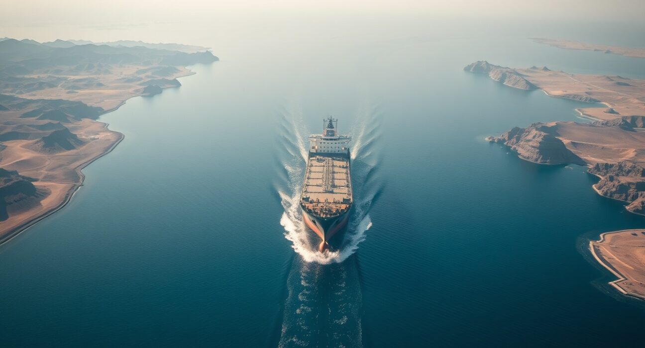 Oil tanker navigating the strategic Strait of Hormuz during US-Iran diplomatic talks.