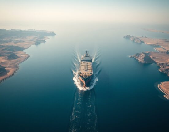 Oil tanker navigating the strategic Strait of Hormuz during US-Iran diplomatic talks.