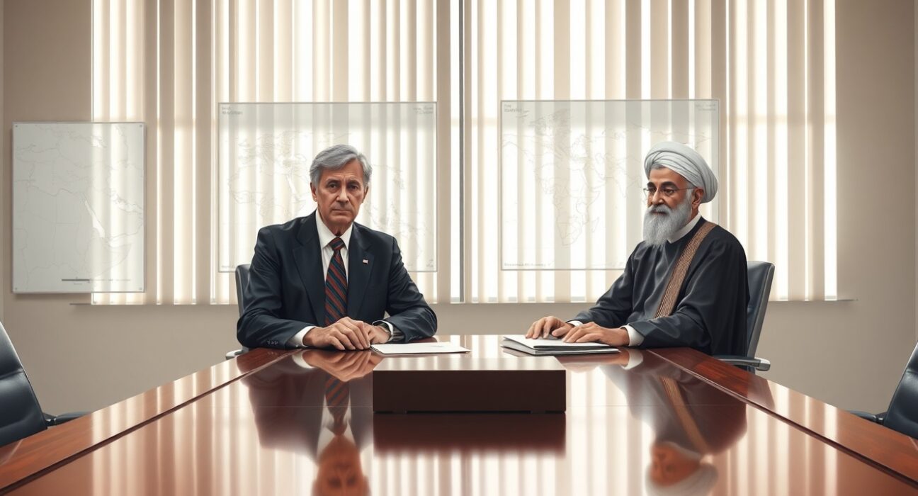 US and Iranian diplomats negotiating Middle East conflict de-escalation in tense meeting