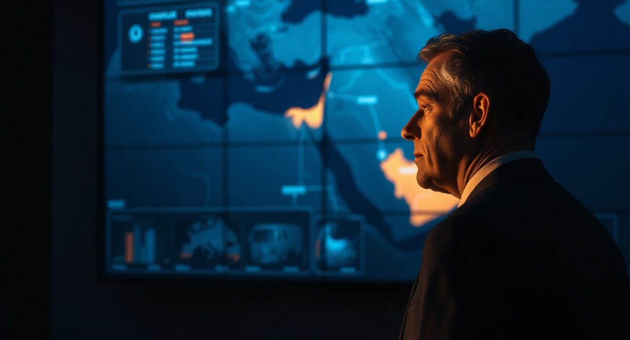 Senior analyst in a dimly lit situation room reviewing a map of Middle East conflict zones.
