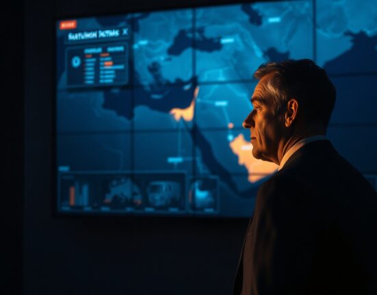 Senior analyst in a dimly lit situation room reviewing a map of Middle East conflict zones.