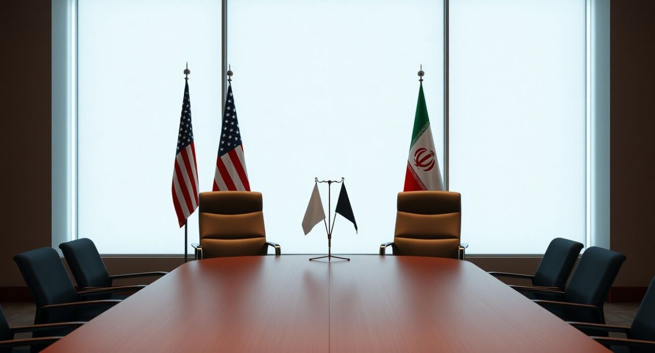 Empty negotiation table with American and Iranian flags in a diplomatic meeting room