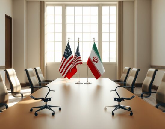 Empty diplomatic meeting room with US and Iran flags on a table, symbolizing potential negotiations