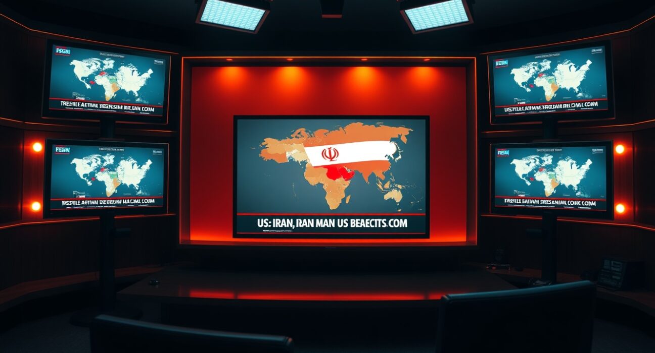 News studio monitors displaying breaking news about US–Iran deal finalization