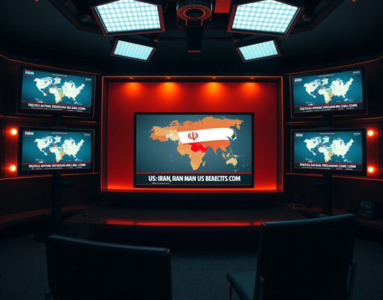 News studio monitors displaying breaking news about US–Iran deal finalization
