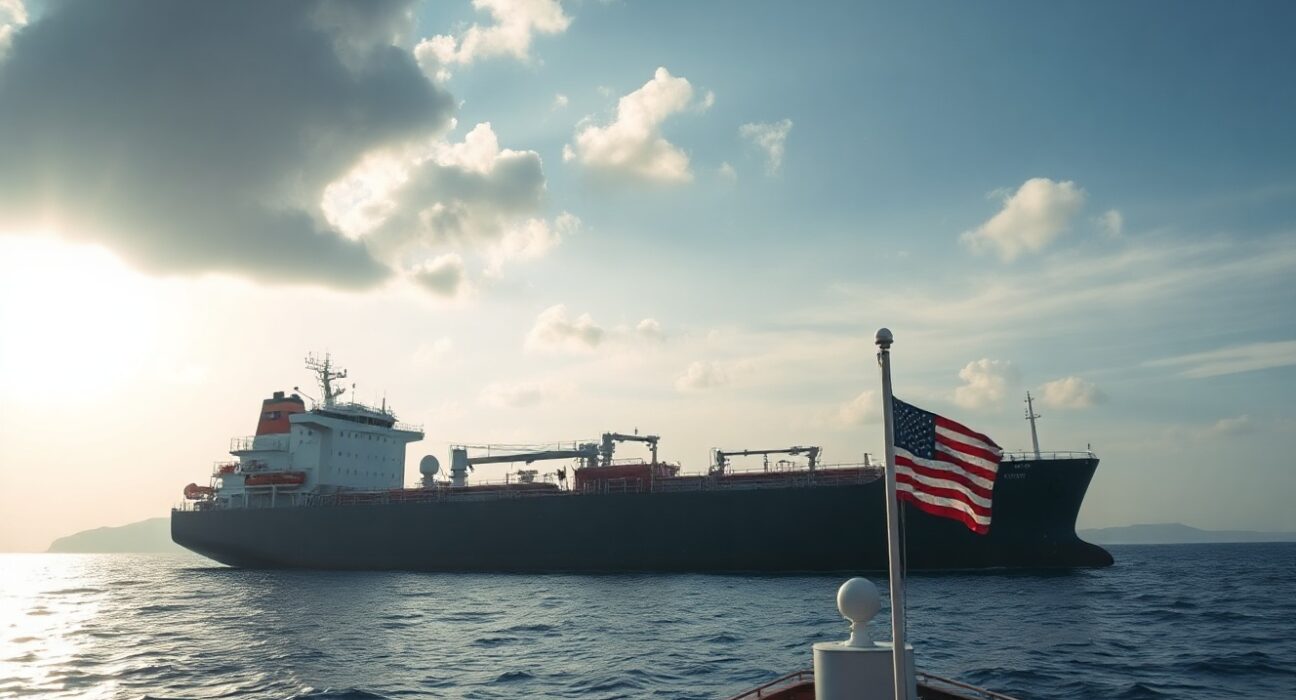 Large oil tanker at sea with American flag in foreground, representing US-Iran oil deal