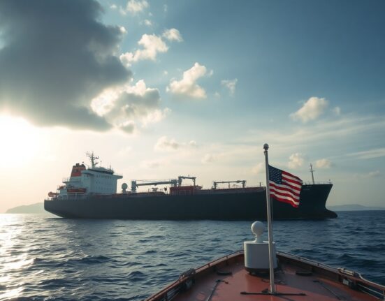 Large oil tanker at sea with American flag in foreground, representing US-Iran oil deal