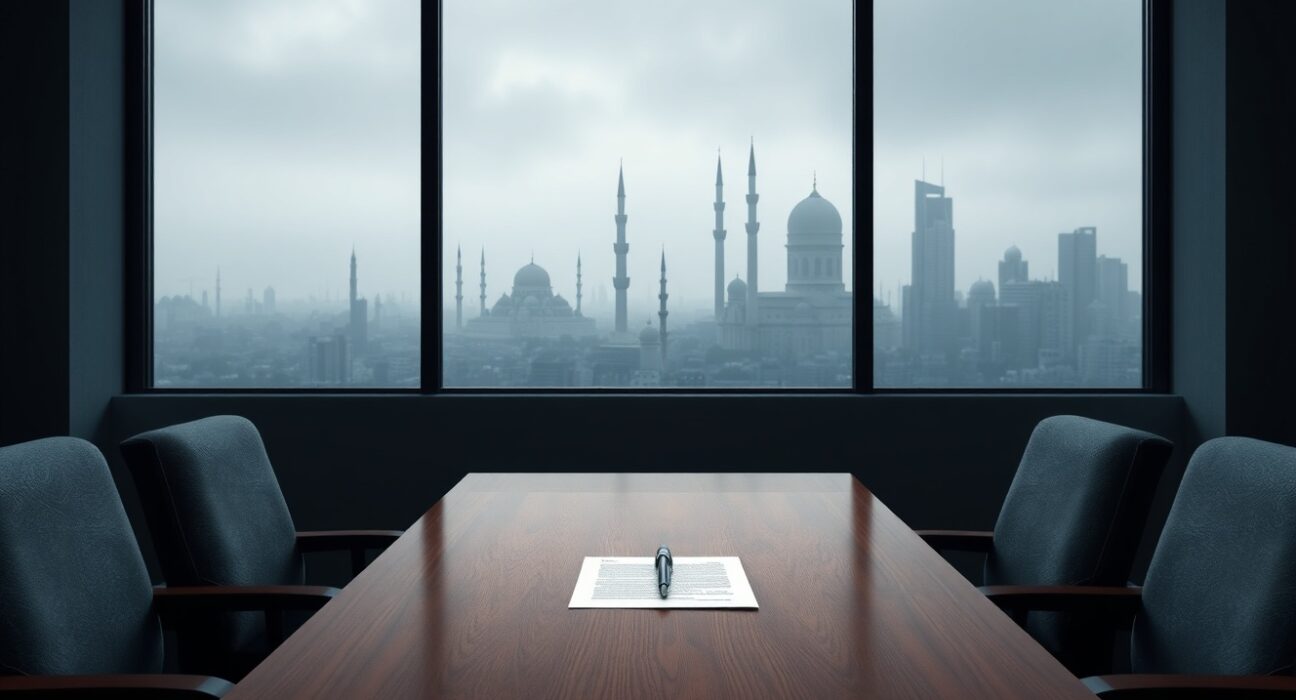 Empty diplomatic negotiation room with document on table, representing stalled US-Iran talks