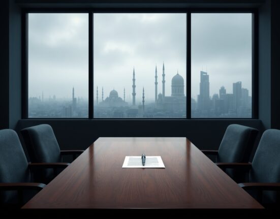 Empty diplomatic negotiation room with document on table, representing stalled US-Iran talks