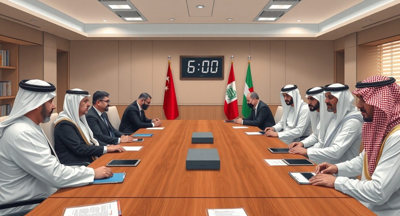 Diplomatic meeting between Western and Gulf officials discussing the US-Iran deal timeline in 2025.