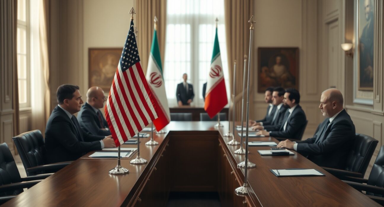 Diplomatic meeting room with American and Iranian flags, symbolizing U.S.-Iran negotiations