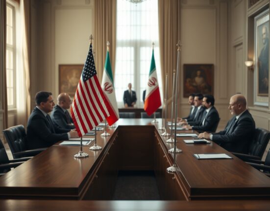 Diplomatic meeting room with American and Iranian flags, symbolizing U.S.-Iran negotiations