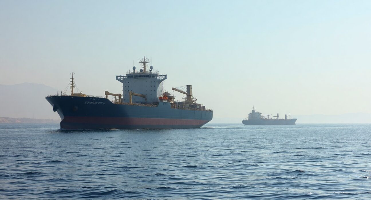 Oil tanker sailing through the Strait of Hormuz with Iranian coastline visible
