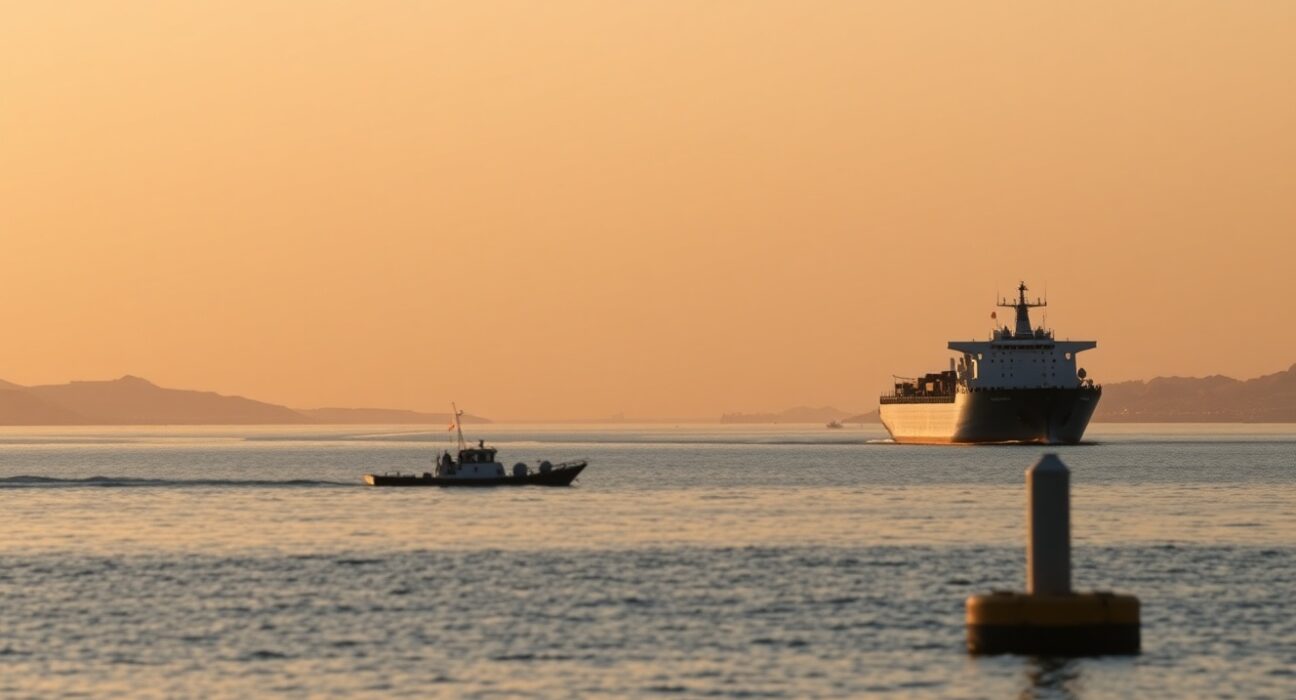 Oil tanker navigating the Strait of Hormuz near a patrol vessel at sunset