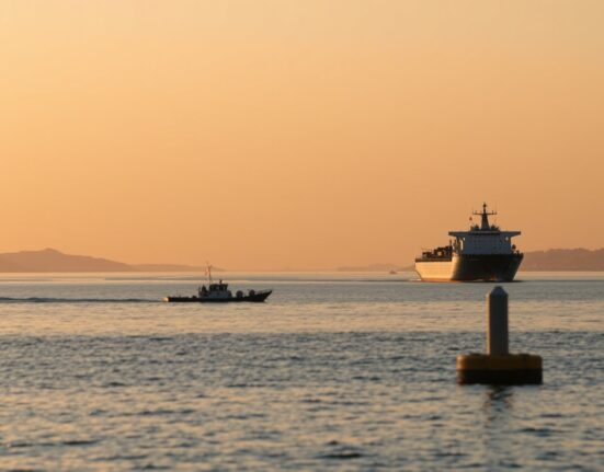 Oil tanker navigating the Strait of Hormuz near a patrol vessel at sunset