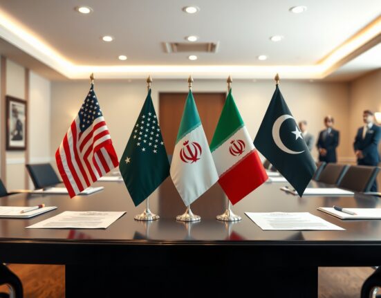 Flags of the US, Iran, and Pakistan on a conference table with a draft agreement document