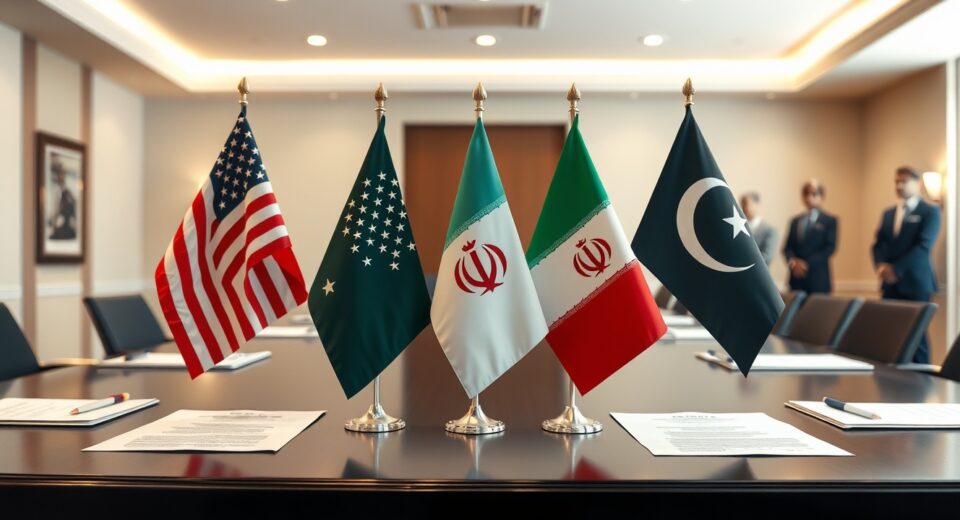 Flags of the US, Iran, and Pakistan on a conference table with a draft agreement document