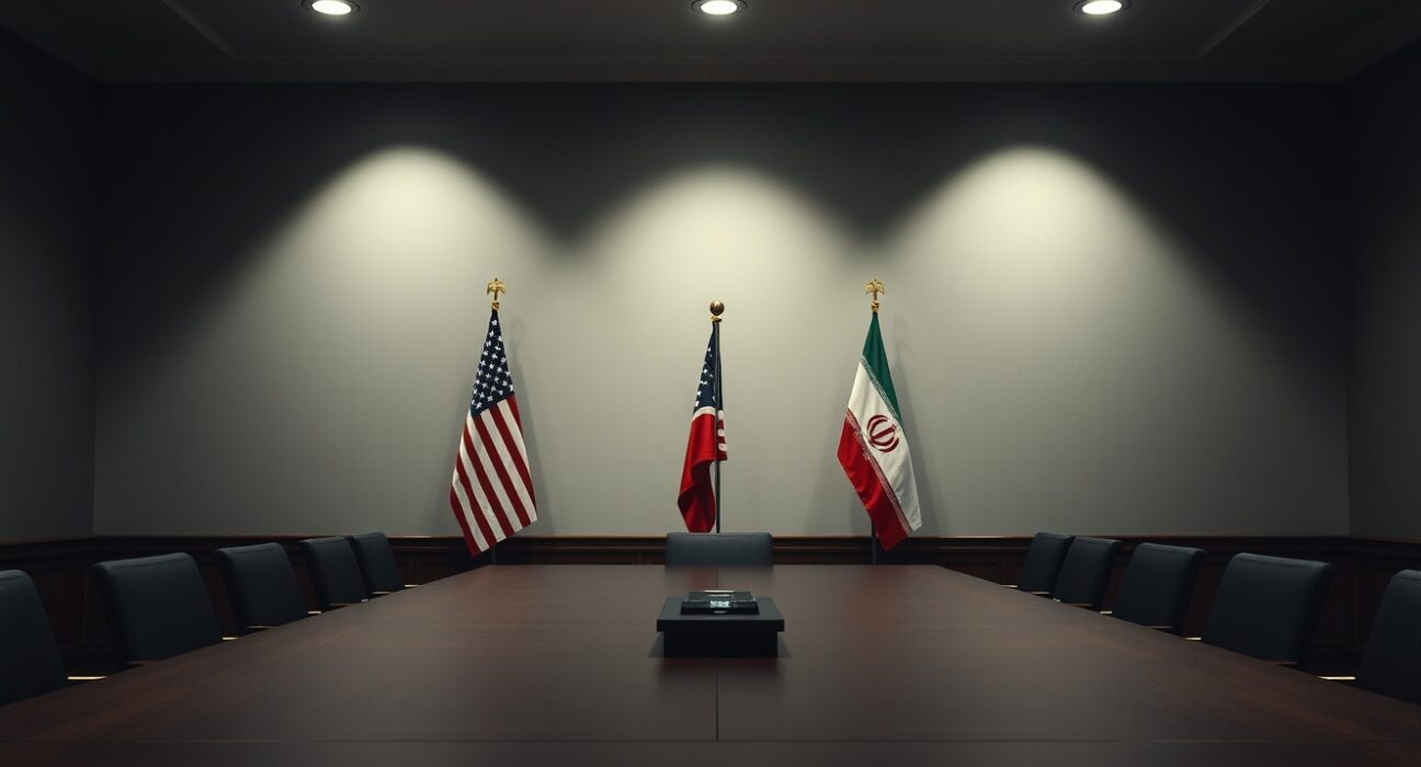 Empty diplomatic meeting room with American and Iranian flags symbolizing upcoming negotiations