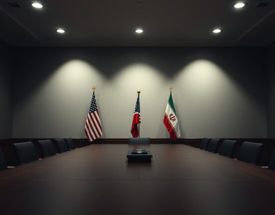 Empty diplomatic meeting room with American and Iranian flags symbolizing upcoming negotiations