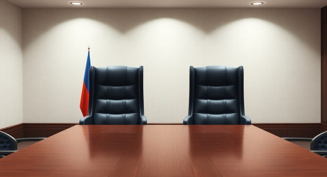 Empty diplomatic chairs await US Iran talks in a formal negotiation setting.