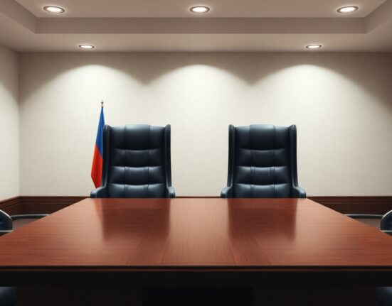 Empty diplomatic chairs await US Iran talks in a formal negotiation setting.