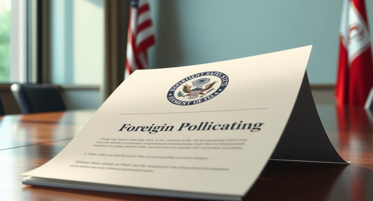 Official US diplomatic document signaling no immediate plans for an Iran invasion on a conference table.