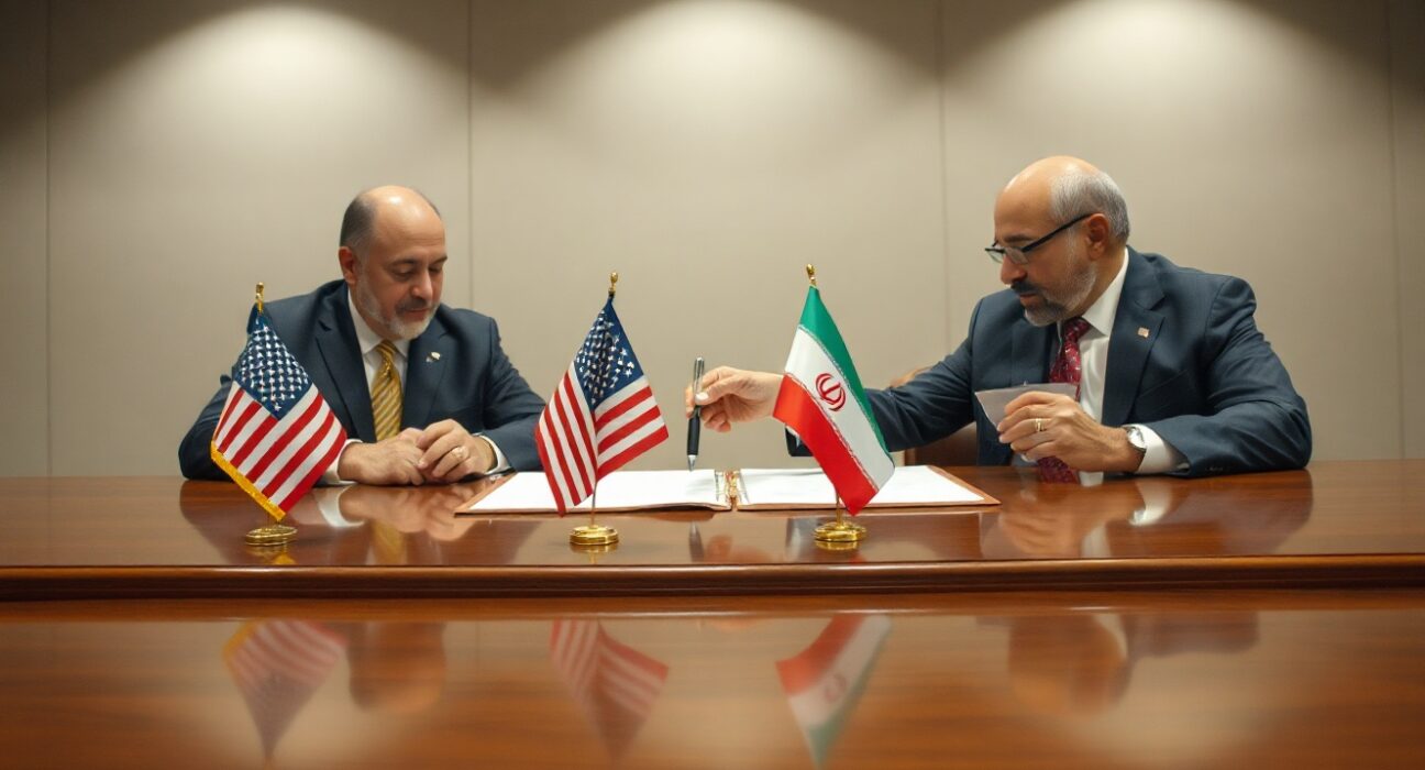 US and Iranian officials signing a memorandum of understanding at a formal diplomatic meeting.