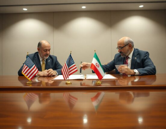 US and Iranian officials signing a memorandum of understanding at a formal diplomatic meeting.