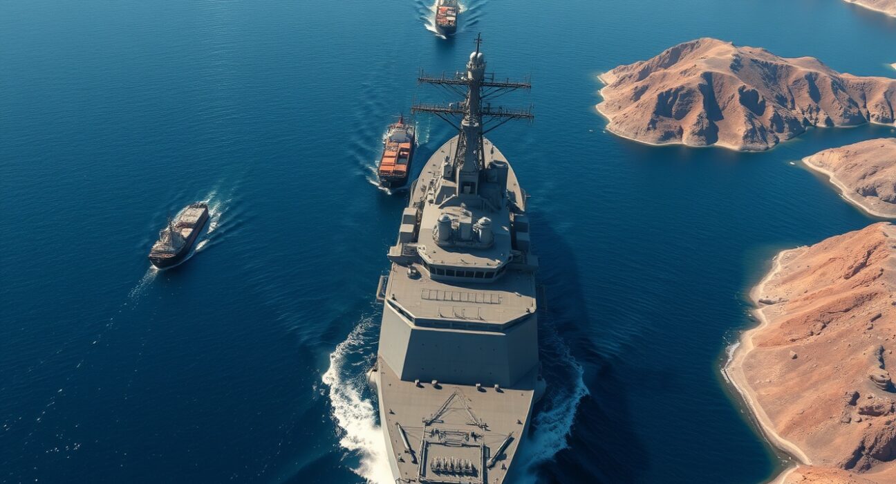 U.S. Navy destroyer patrols the strategic Strait of Hormuz amid rising Iran tensions.