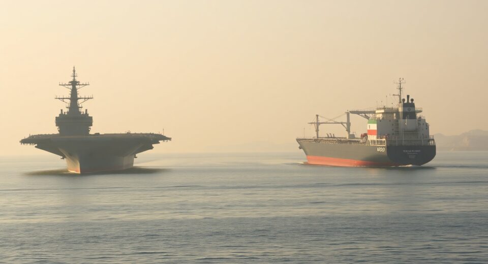 US Navy carrier and Iranian tanker in Strait of Hormuz illustrating US Iran military action tensions
