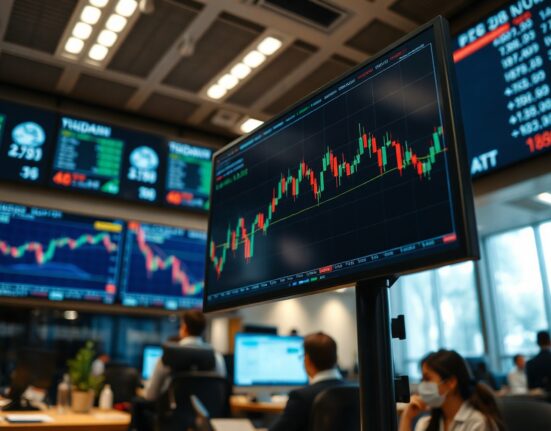 Financial market monitor displaying charts and data, representing market focus on US macro events.