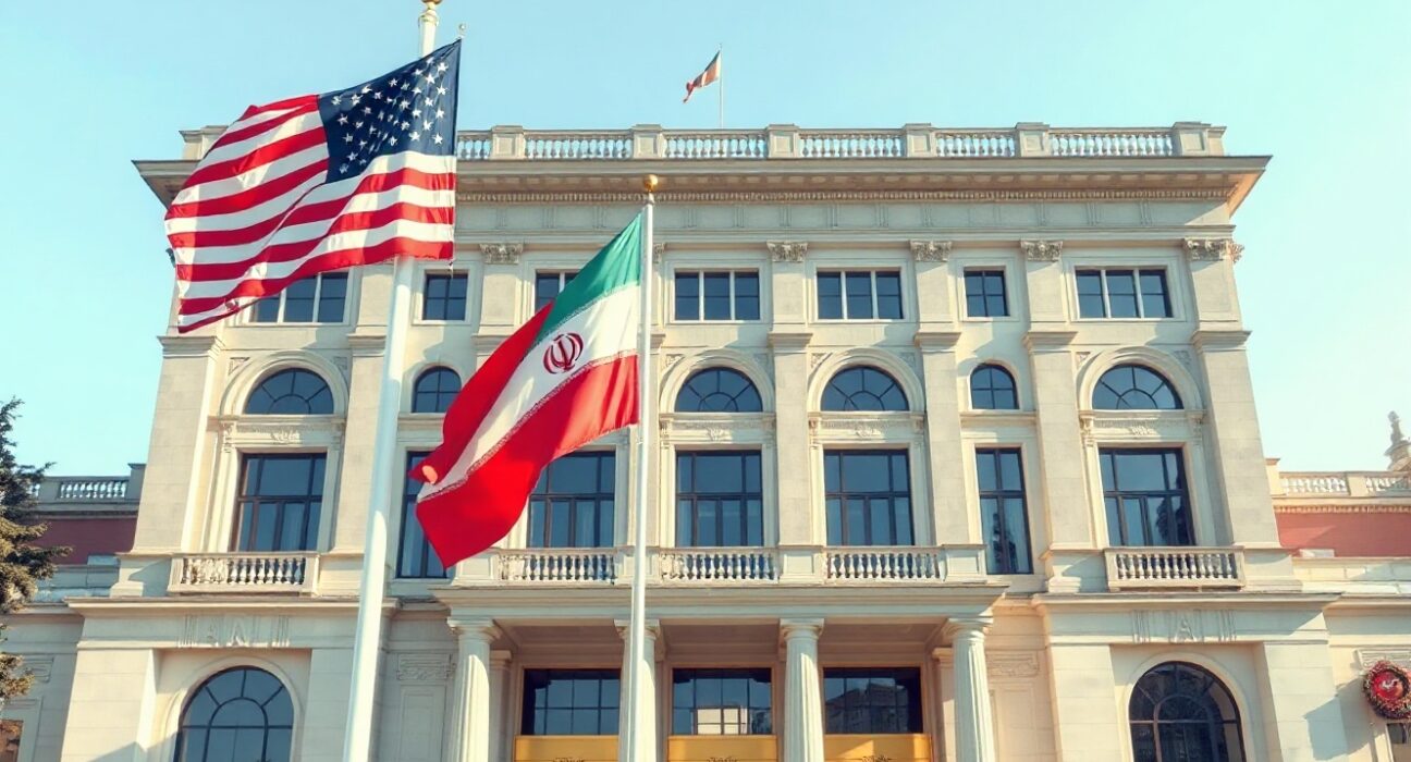 Flags of the United States and Iran in front of the Palais des Nations in Geneva, symbolizing upcoming diplomatic talks.