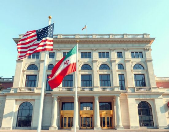 Flags of the United States and Iran in front of the Palais des Nations in Geneva, symbolizing upcoming diplomatic talks.