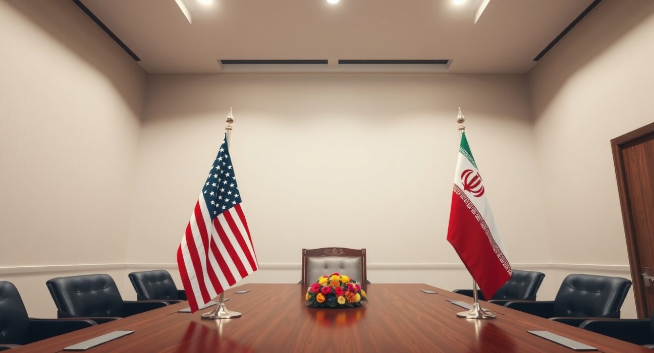 US and Iranian flags in a diplomatic meeting room, symbolizing ongoing negotiations.