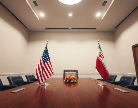 US and Iranian flags in a diplomatic meeting room, symbolizing ongoing negotiations.