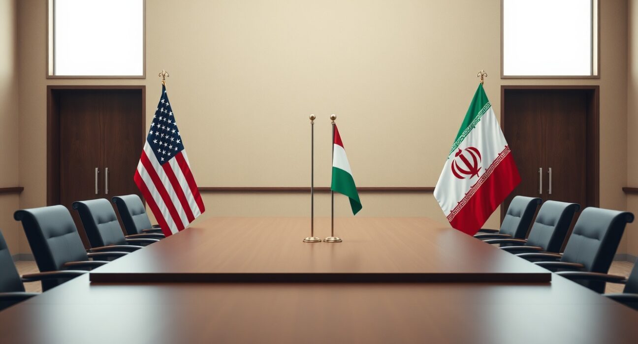 Empty diplomatic table with US and Iranian flags in a neutral meeting room.
