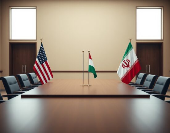 Empty diplomatic table with US and Iranian flags in a neutral meeting room.