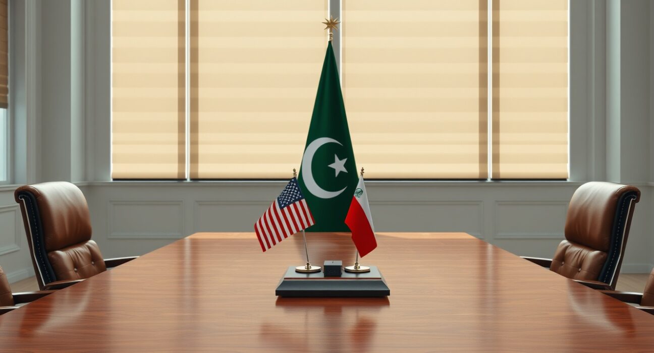 Diplomatic table setup for US-Iran negotiations in Pakistan with American and Iranian flags